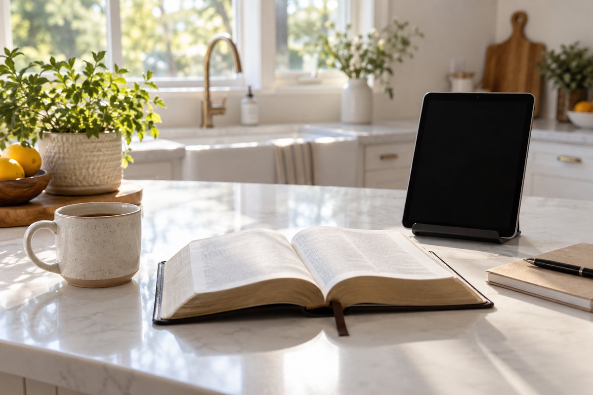 Bíblia aberta e um tablet apagado em uma bancada de cozinha