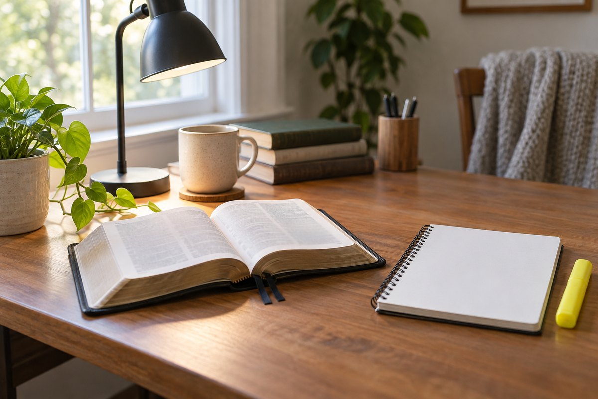 Bíblia aberta, caderno e marca-texto em uma mesa perto da janela