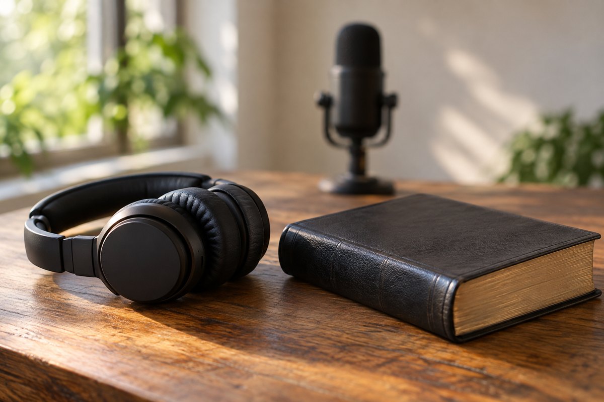 Fones de ouvido, um microfone e um livro preto em uma mesa de madeira