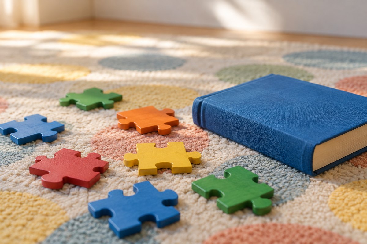 Peças coloridas de quebra-cabeça e um livro azul em um tapete