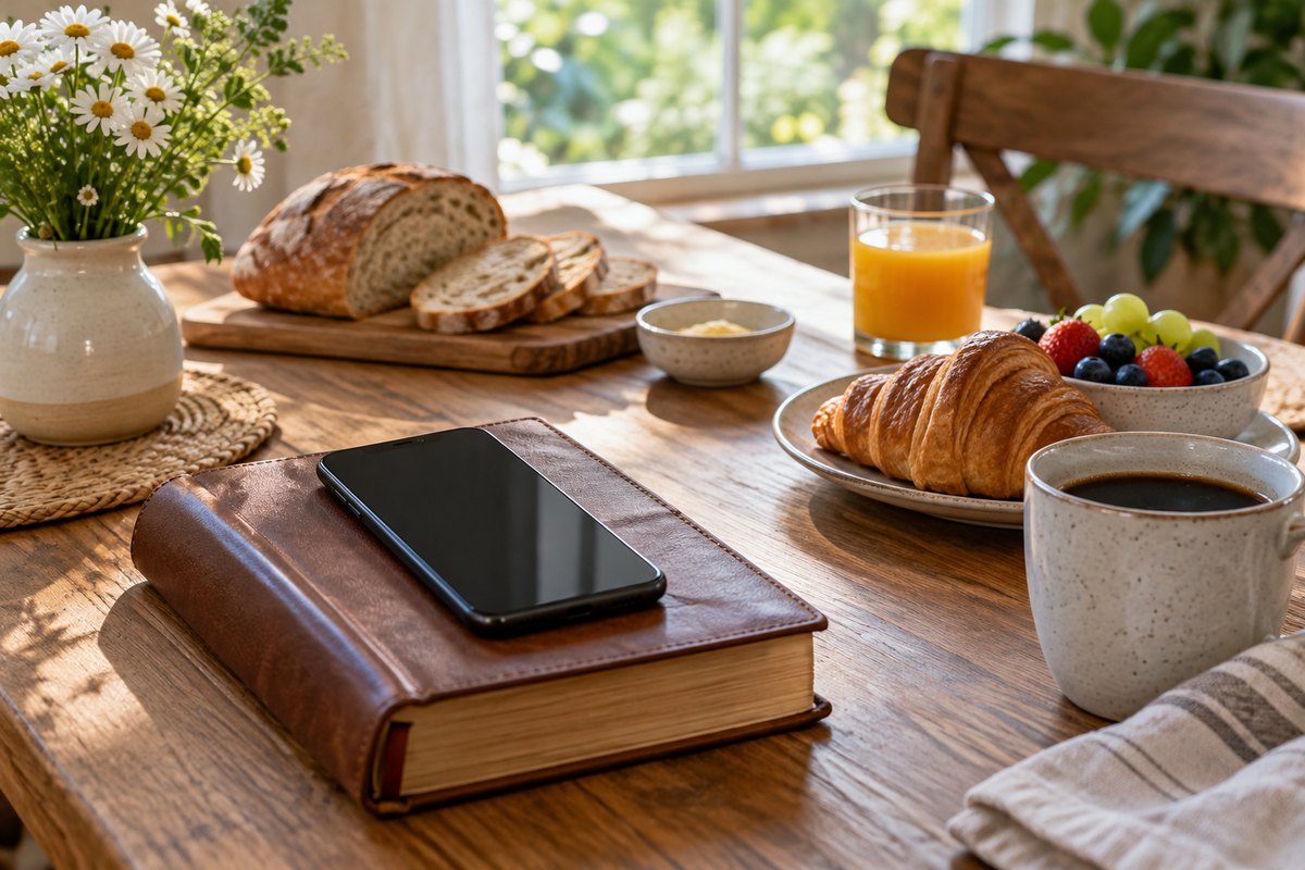 Mesa de café da manhã com uma Bíblia, um celular apagado e café