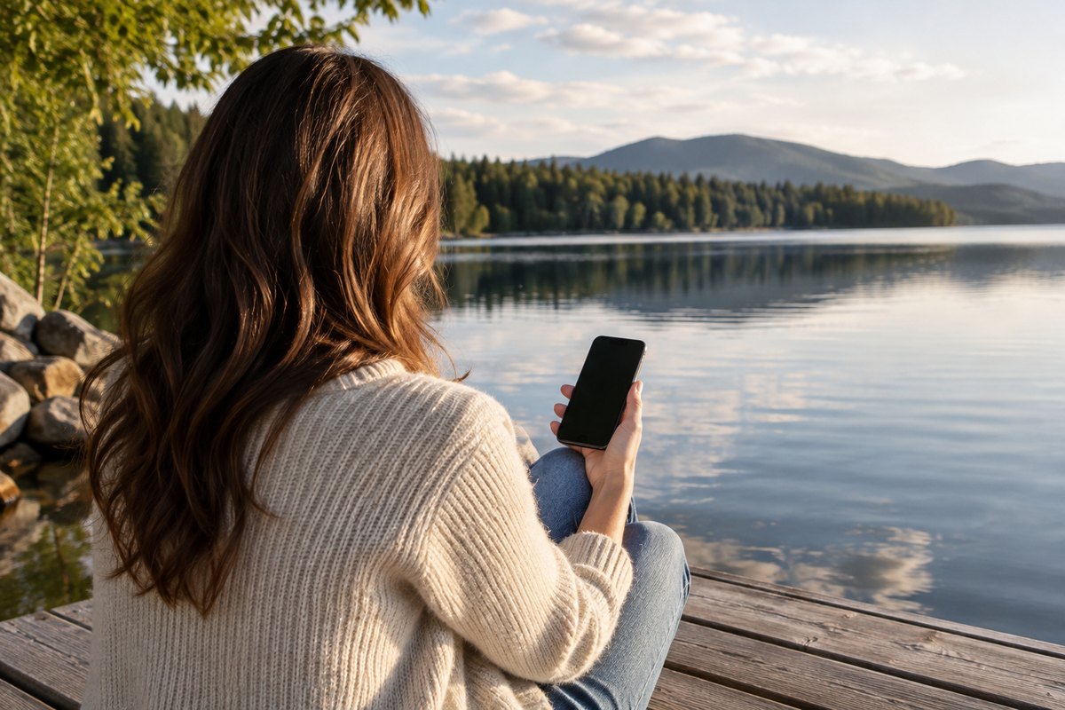 Pessoa de costas segurando um celular à beira de um lago