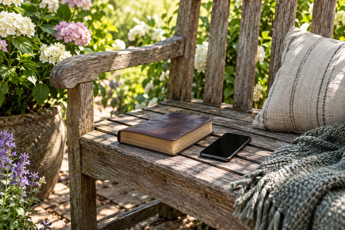Livro e celular apagado em um banco de jardim com flores