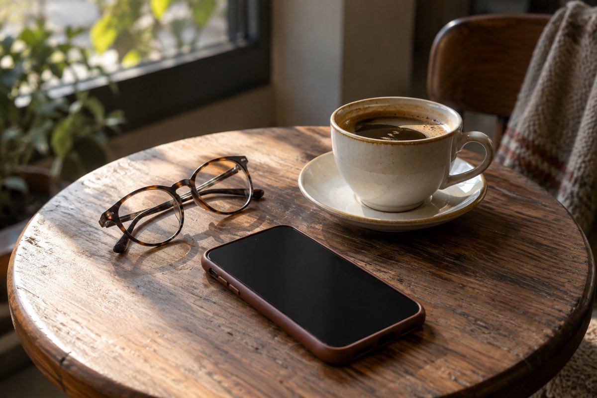 Celular apagado, óculos e café em uma mesa redonda