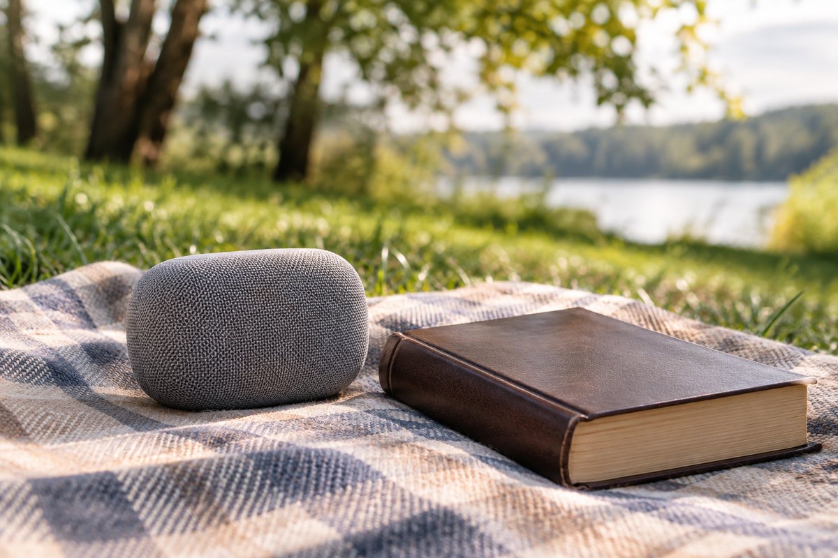 Caixa de som portátil e um livro em uma toalha de piquenique perto de um lago