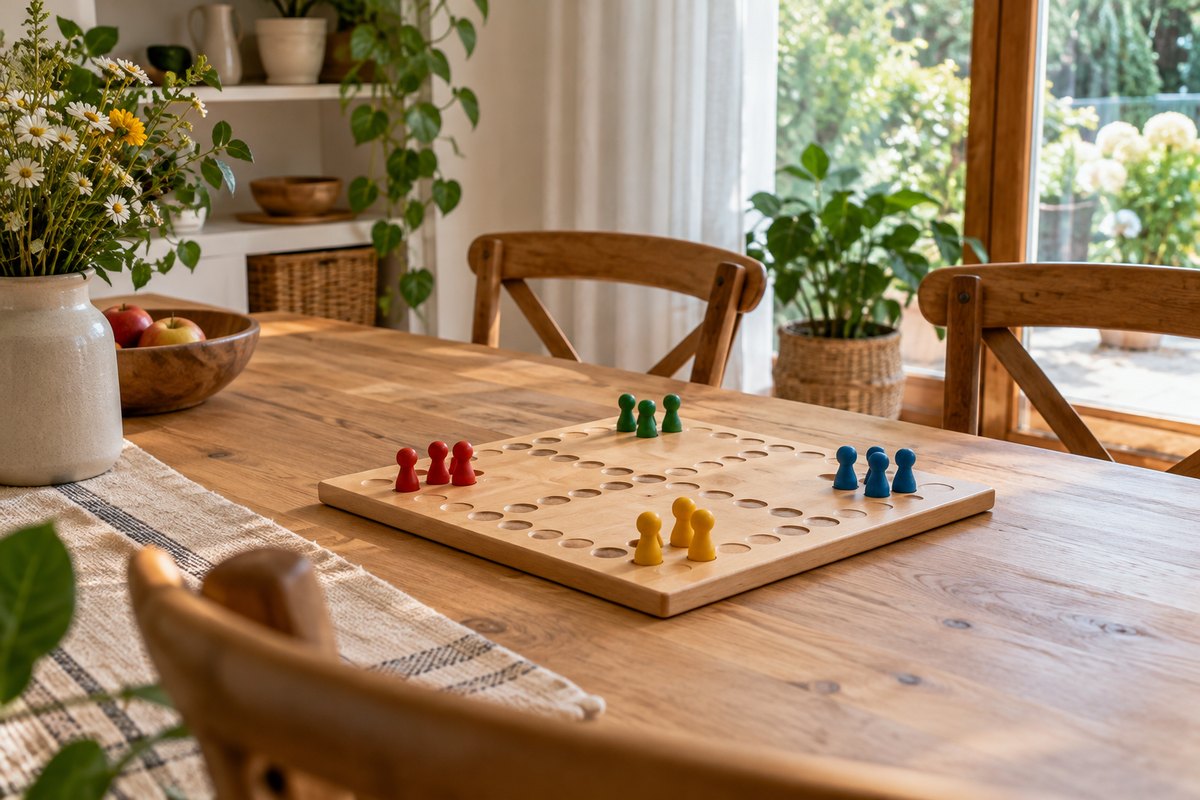Jogo de tabuleiro com peças coloridas em uma mesa de jantar