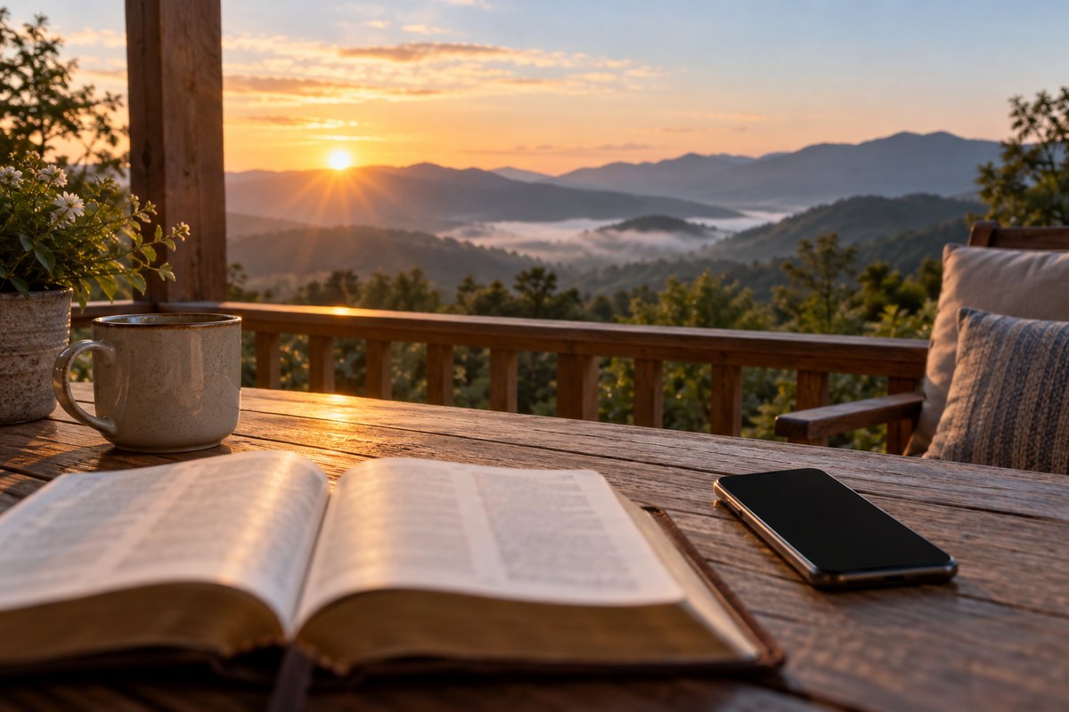 Bíblia aberta, celular e caneca em uma mesa de varanda ao nascer do sol