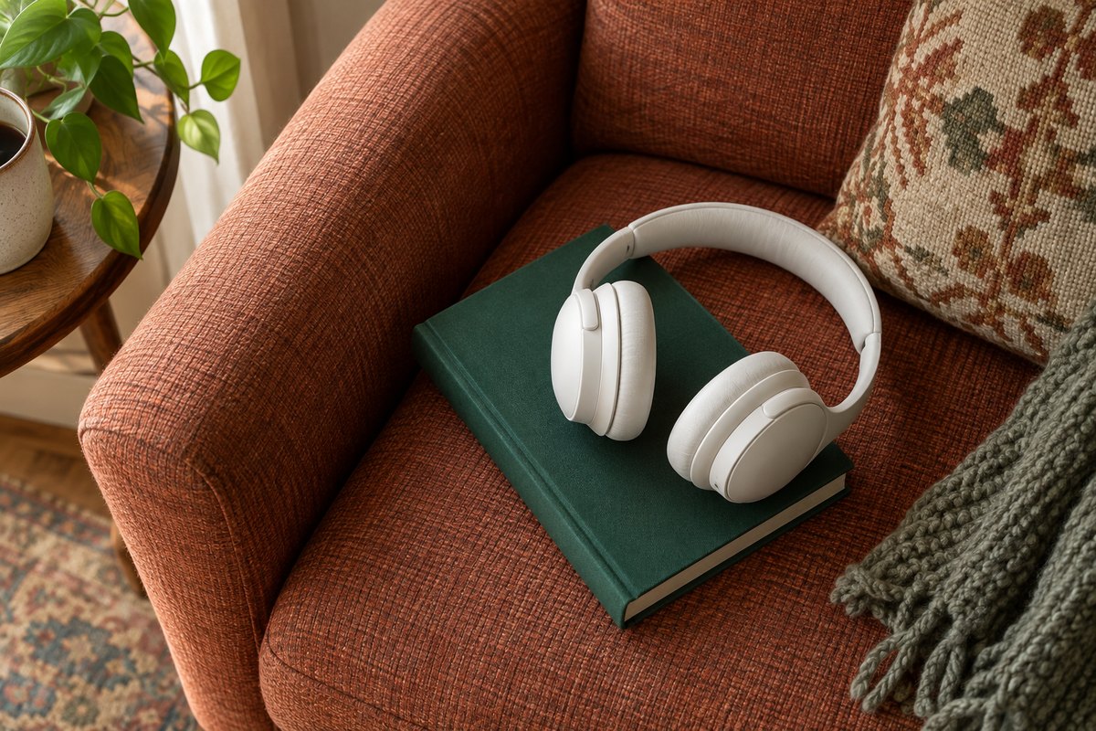 Fones de ouvido brancos sobre um livro verde em uma poltrona
