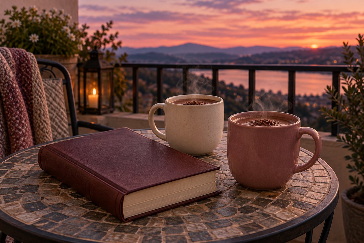 Duas xícaras e um livro em uma mesa de varanda ao pôr do sol
