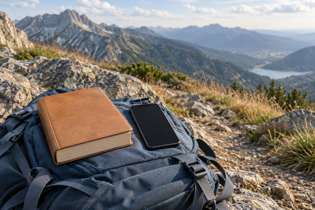 Livro e celular apagado sobre uma mochila em uma trilha na montanha