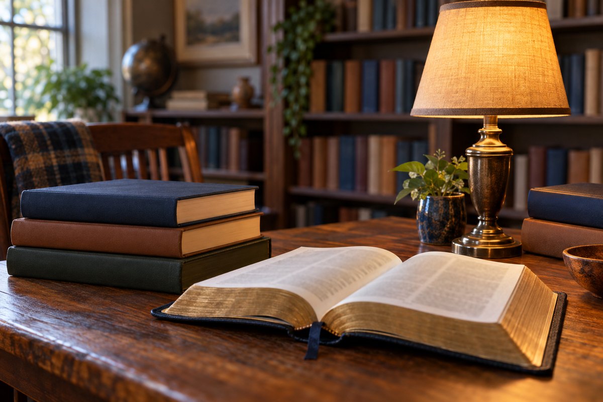 Mesa de estudo com luminária, livros empilhados e uma Bíblia aberta
