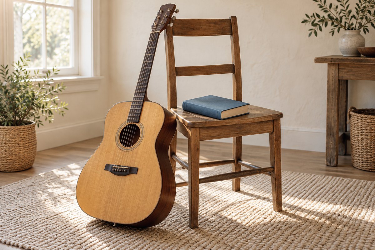 Acoustic guitar leaning on a wooden chair with a book on the seat