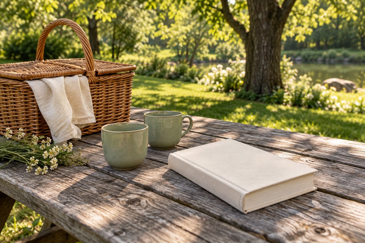 Picnic table with two cups, a basket and a white book in a garden