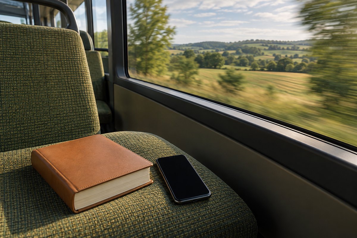 Livro e celular apagado no banco de um trem perto da janela