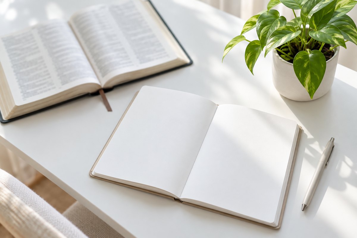 Open Bible, notebook and pen on a white desk with a plant