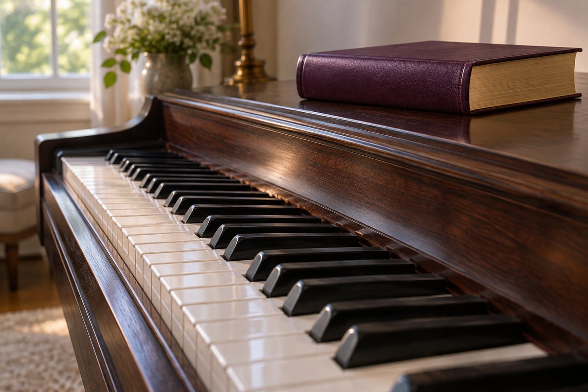 Piano keys with a closed book on top of the piano