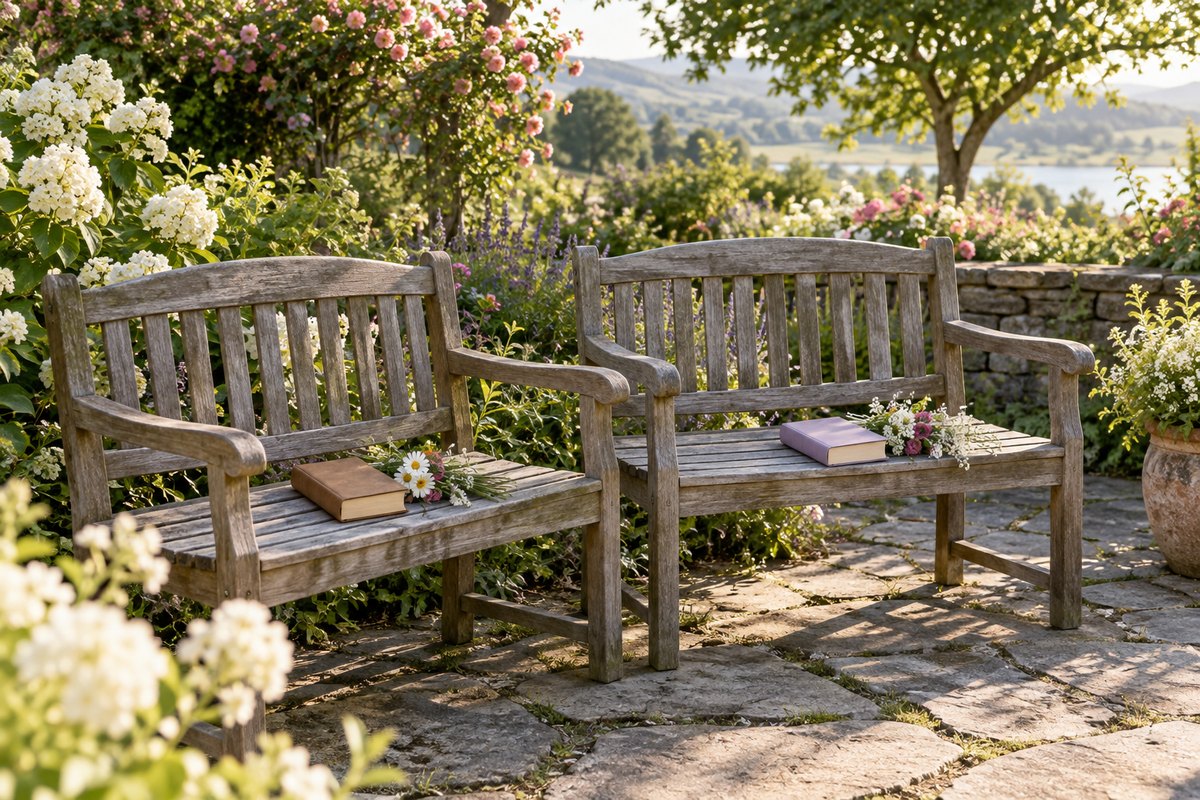 Dois bancos de madeira frente a frente em um jardim florido