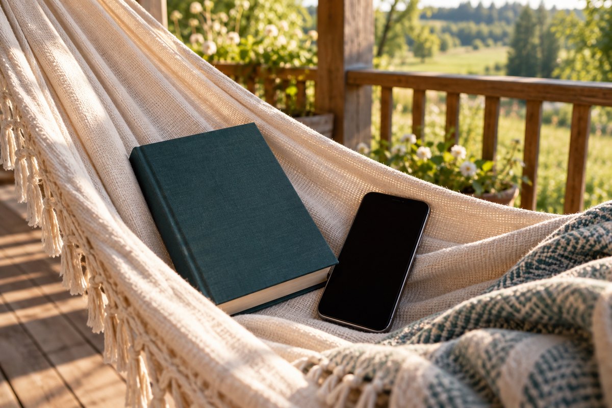 Green book and switched-off phone in a hammock on a porch