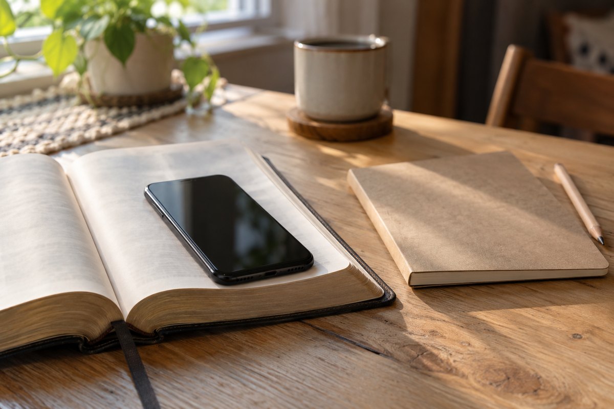 Bible ouverte avec un téléphone, un carnet et un café