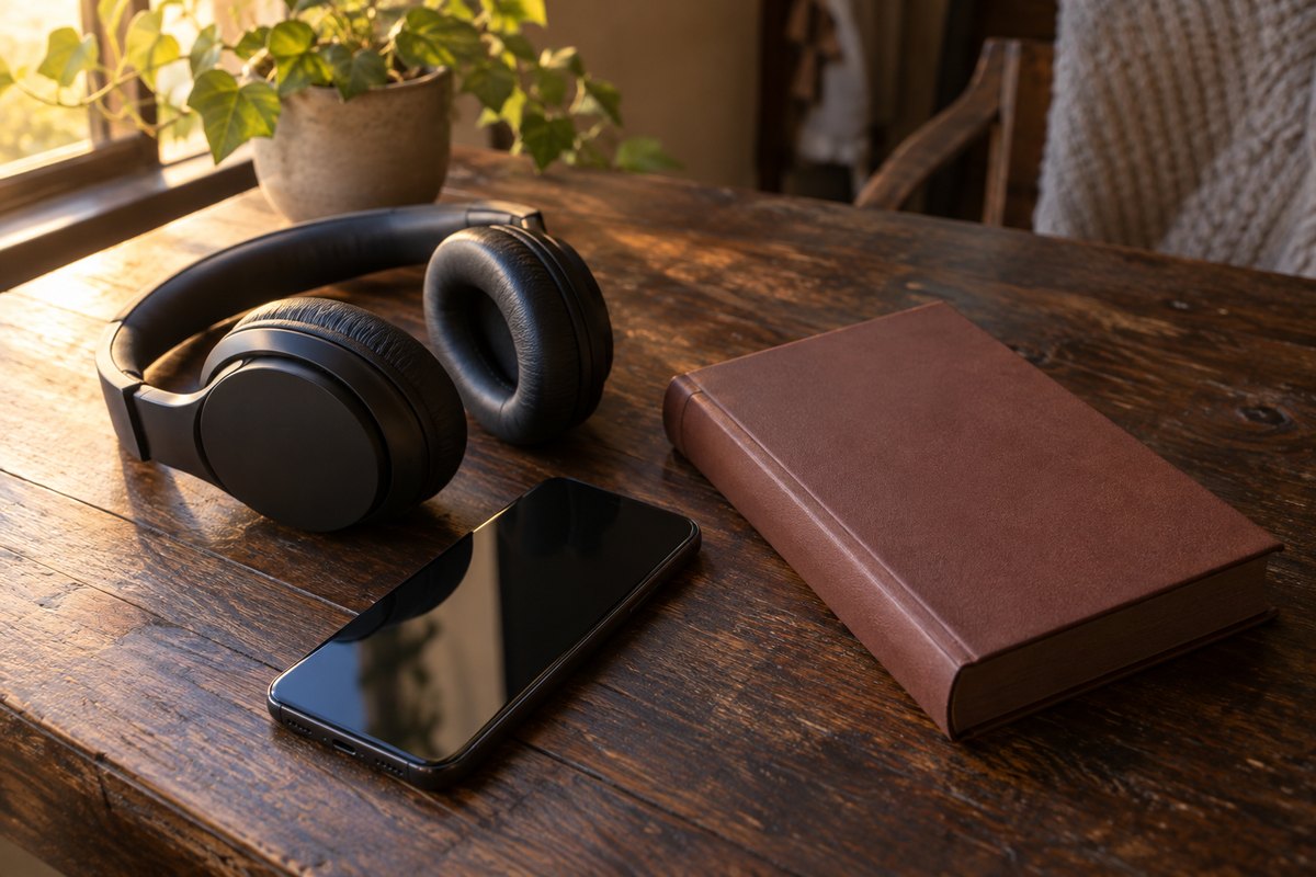 Casque, téléphone et Bible sur une table