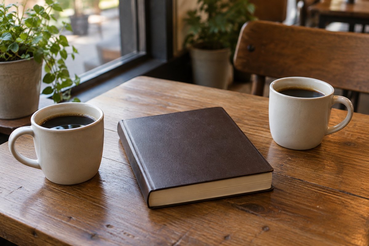 Deux tasses de café et une Bible sur une table