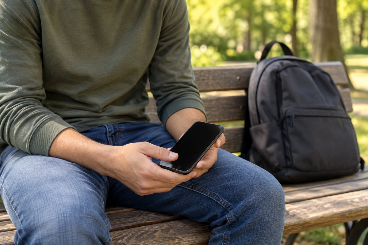Personne utilisant un téléphone sur un banc de parc